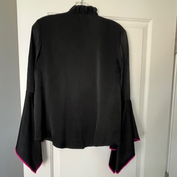 Rare Black Fuchsia Silk Asian-Inspired Open Front Jacket Sz S Dramatic Sleeves - Picture 2 of 10